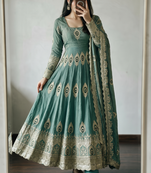 Sea green silk blend embroidered anarkali kurta set with pant and dupatta