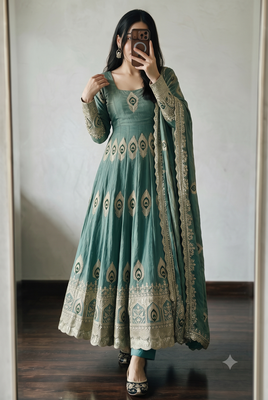 Sea green silk blend embroidered anarkali kurta set with pant and dupatta 2