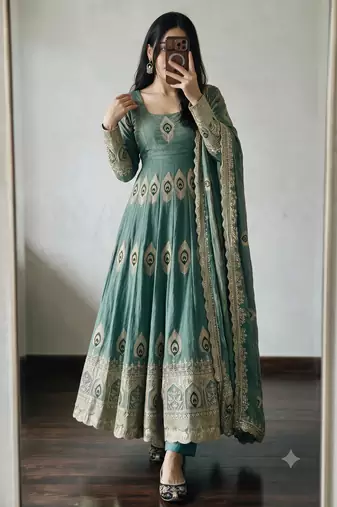 Sea green silk blend embroidered anarkali kurta set with pant and dupatta