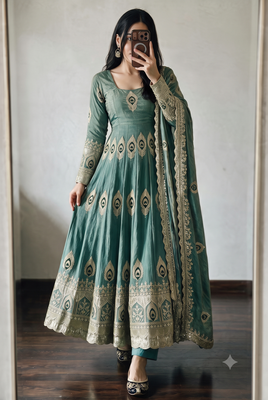 Sea green silk blend embroidered anarkali kurta set with pant and dupatta 3