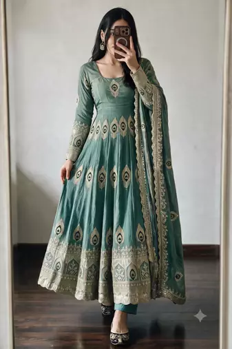 Sea green silk blend embroidered anarkali kurta set with pant and dupatta