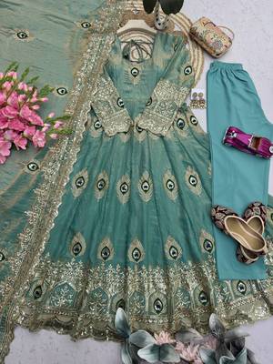 Sea green silk blend embroidered anarkali kurta set with pant and dupatta 4