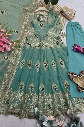 Sea green silk blend embroidered anarkali kurta set with pant and dupatta