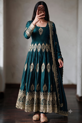 Teal silk blend embroidered anarkali kurta set with pant and dupatta 1