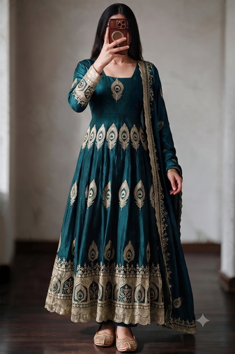 Teal silk blend embroidered anarkali kurta set with pant and dupatta