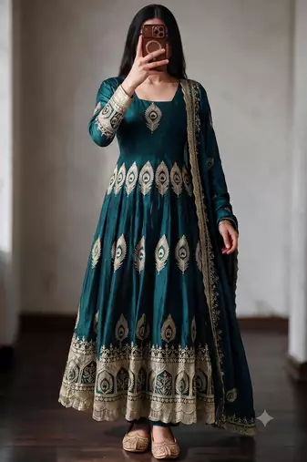 Teal silk blend embroidered anarkali kurta set with pant and dupatta