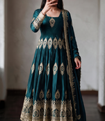 Teal silk blend embroidered anarkali kurta set with pant and dupatta