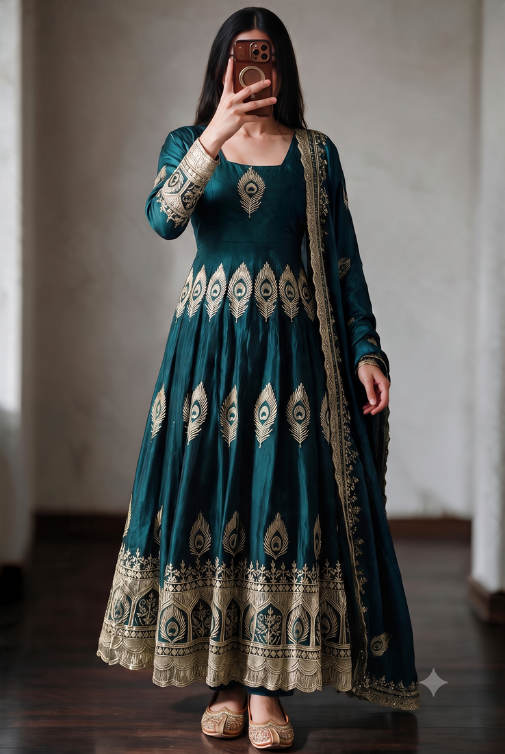 Teal silk blend embroidered anarkali kurta set with pant and dupatta