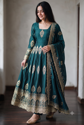 Teal silk blend embroidered anarkali kurta set with pant and dupatta 2