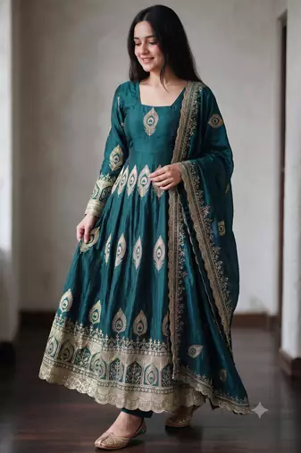 Teal silk blend embroidered anarkali kurta set with pant and dupatta