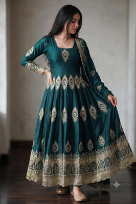 Teal silk blend embroidered anarkali kurta set with pant and dupatta 3