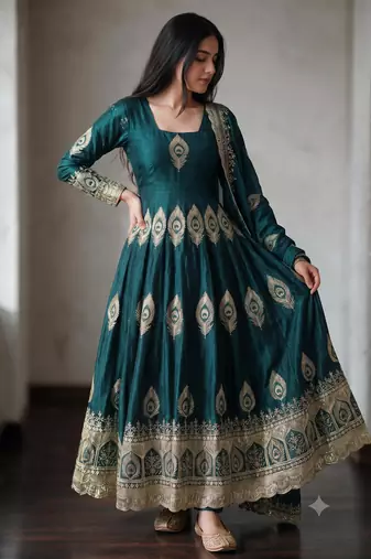 Teal silk blend embroidered anarkali kurta set with pant and dupatta