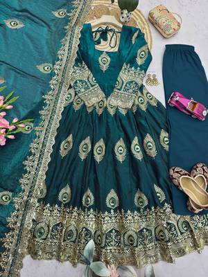 Teal silk blend embroidered anarkali kurta set with pant and dupatta 4