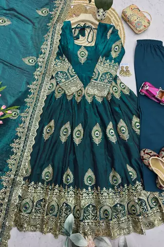 Teal silk blend embroidered anarkali kurta set with pant and dupatta