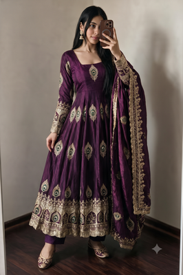 Wine silk blend embroidered anarkali kurta set with pant and dupatta 1