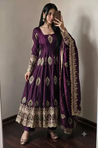 Wine silk blend embroidered anarkali kurta set with pant and dupatta
