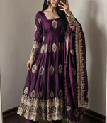 Wine silk blend embroidered anarkali kurta set with pant and dupatta