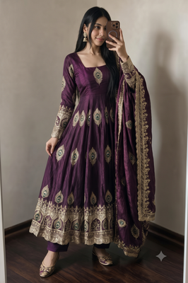Wine silk blend embroidered anarkali kurta set with pant and dupatta 2