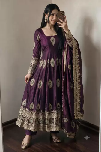 Wine silk blend embroidered anarkali kurta set with pant and dupatta