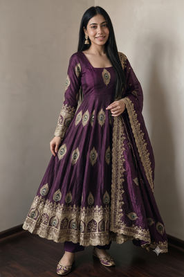 Wine silk blend embroidered anarkali kurta set with pant and dupatta 3