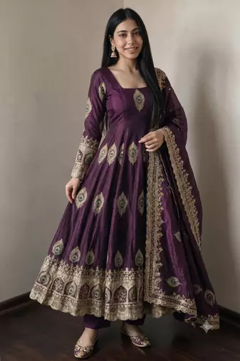 Wine silk blend embroidered anarkali kurta set with pant and dupatta
