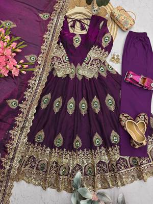 Wine silk blend embroidered anarkali kurta set with pant and dupatta 4