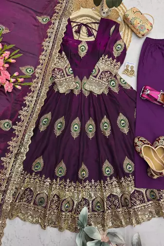Wine silk blend embroidered anarkali kurta set with pant and dupatta