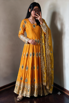 Yellow silk blend embroidered anarkali kurta set with pant and dupatta 1
