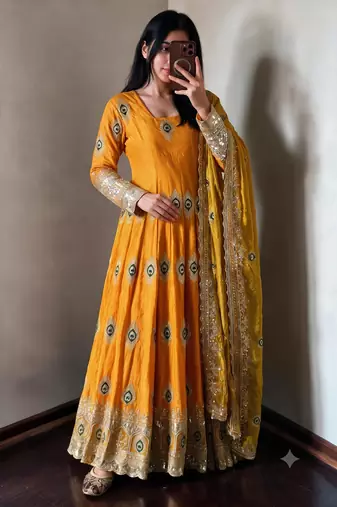 Yellow silk blend embroidered anarkali kurta set with pant and dupatta