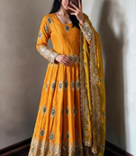 Yellow silk blend embroidered anarkali kurta set with pant and dupatta