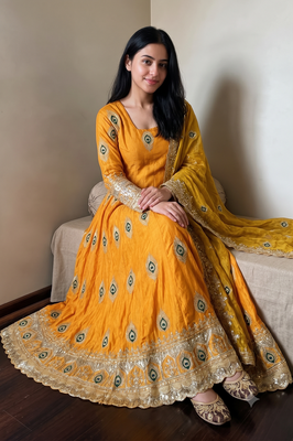Yellow silk blend embroidered anarkali kurta set with pant and dupatta 2