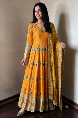 Yellow silk blend embroidered anarkali kurta set with pant and dupatta 3
