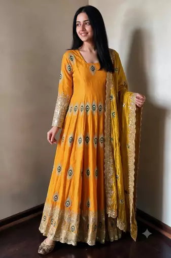 Yellow silk blend embroidered anarkali kurta set with pant and dupatta