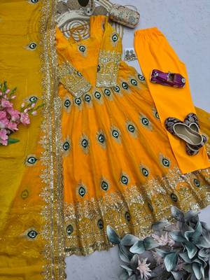 Yellow silk blend embroidered anarkali kurta set with pant and dupatta 4