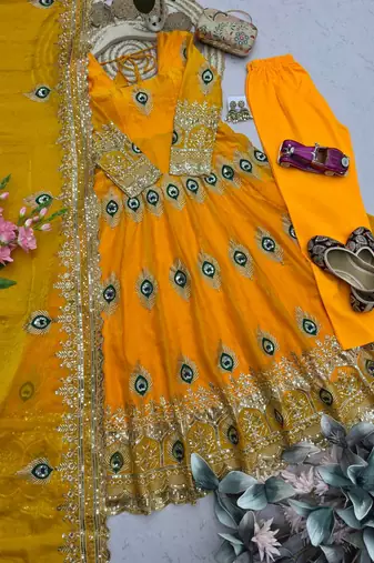 Yellow silk blend embroidered anarkali kurta set with pant and dupatta
