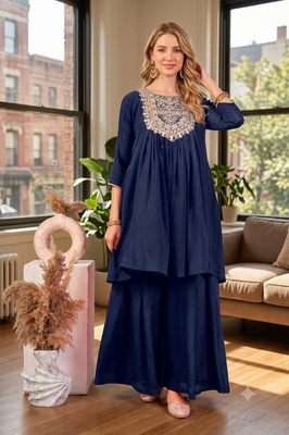 Coral blue embroidered yoke pleated short kurti with flared palazzo set for women 1