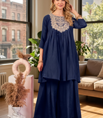 Coral blue embroidered yoke pleated short kurti with flared palazzo set for women
