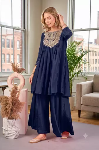 Coral blue embroidered yoke pleated short kurti with flared palazzo set for women