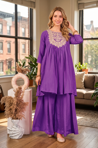 Coral lavendar embroidered yoke pleated short kurti with flared palazzo set for women