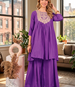Coral lavendar embroidered yoke pleated short kurti with flared palazzo set for women