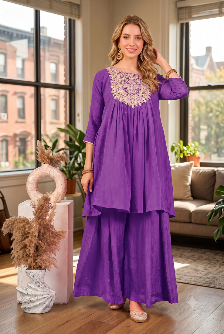 Coral lavendar embroidered yoke pleated short kurti with flared palazzo set for women