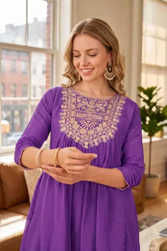 Coral lavendar embroidered yoke pleated short kurti with flared palazzo set for women