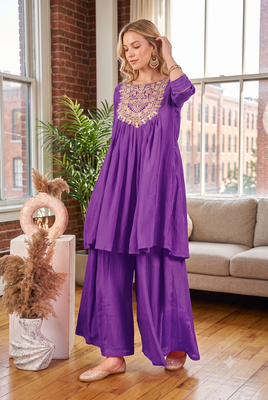 Coral lavendar embroidered yoke pleated short kurti with flared palazzo set for women 3