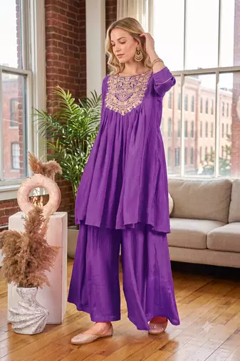 Coral lavendar embroidered yoke pleated short kurti with flared palazzo set for women