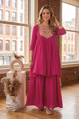 Coral rani pink embroidered yoke pleated short kurti with flared palazzo set for women 1