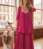 Coral rani pink embroidered yoke pleated short kurti with flared palazzo set for women