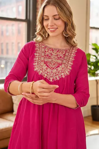 Coral rani pink embroidered yoke pleated short kurti with flared palazzo set for women