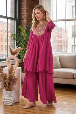 Coral rani pink embroidered yoke pleated short kurti with flared palazzo set for women 3