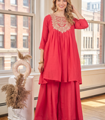 Coral red embroidered yoke pleated short kurti with flared palazzo set for women