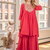 Coral red embroidered yoke pleated short kurti with flared palazzo set for women
